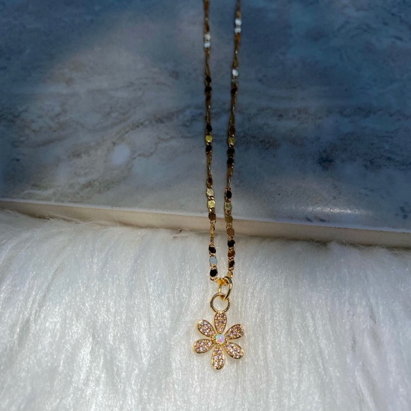 Delicate Gold Opal and Cz Flower Charm Necklace - Picture 1 of 5